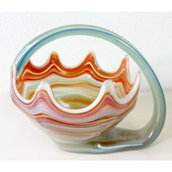 Vintage Handblown Art Glass Striped Basket 7"x9" -No Chips Orange & Blue EUC